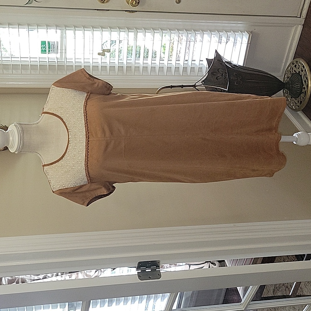 Altar'd State tan faux suede dress cream lace trim short sleeve pullover Large